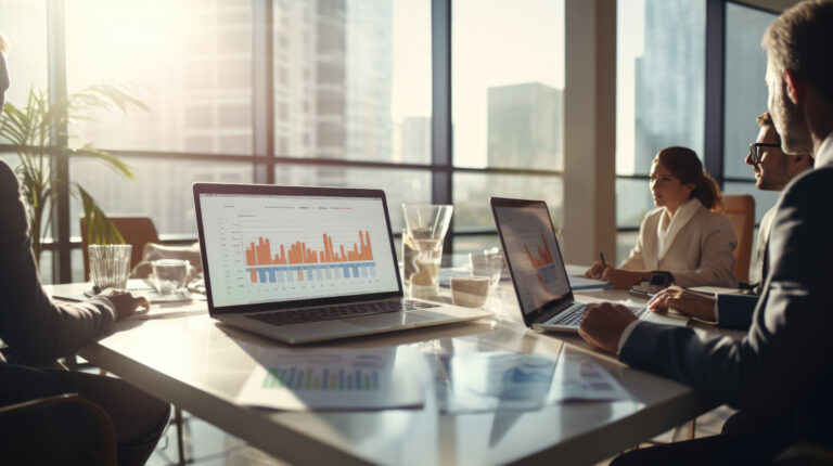 Group of businesspeople are engaged in a business meeting with analytics and laptop at the office desk.